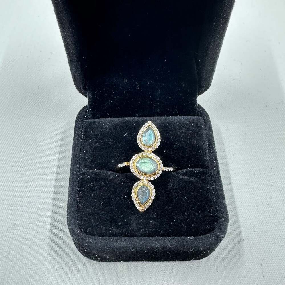925 Gold Vermeil Labradorite 3-Stone Statement Ring Size 8.5